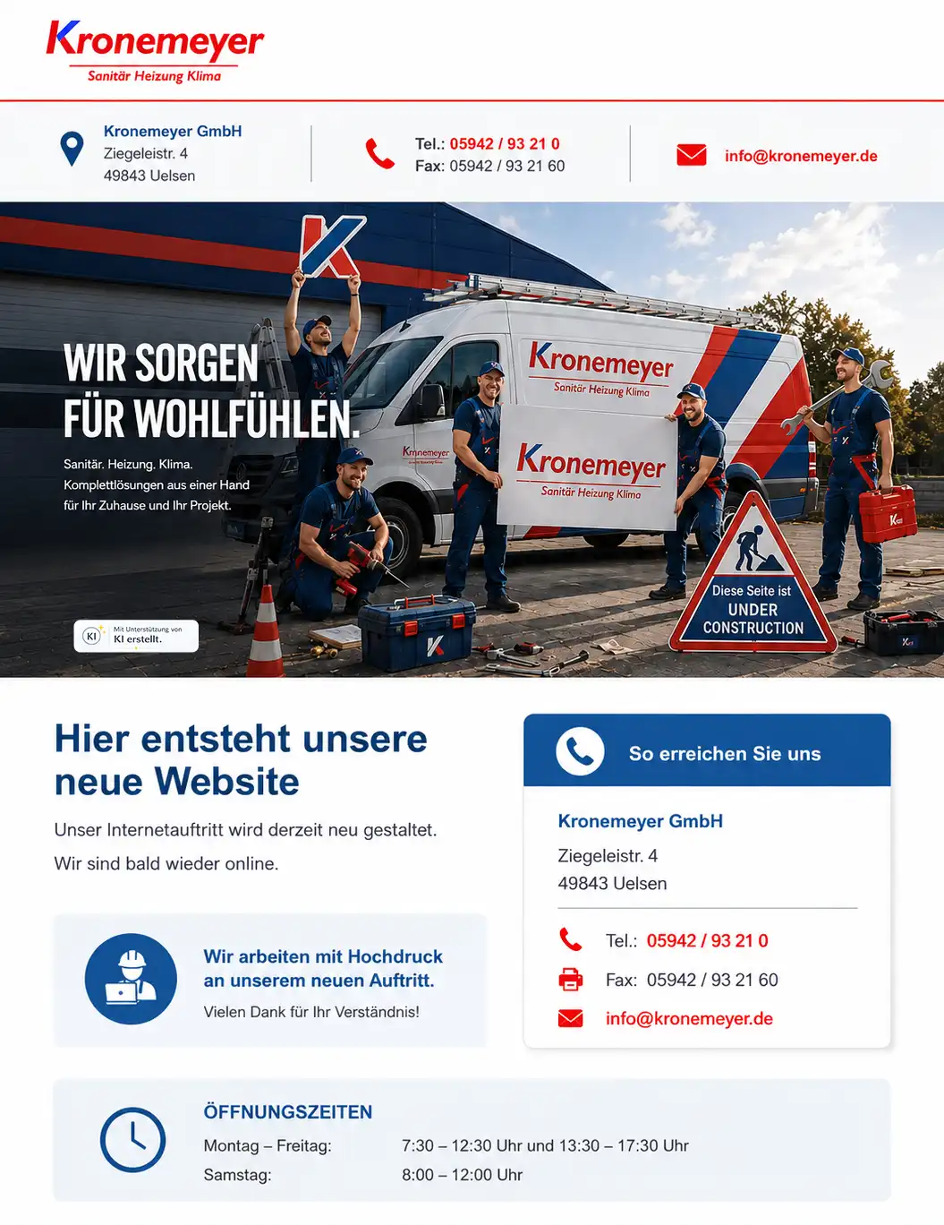 Kronemeyer-Monteure vor einem gebrandeten Servicefahrzeug auf der Baustelle der neuen Website.